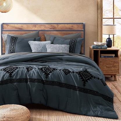 MaiRêve Embroidery King Size Comforter Set Blue Grey, Boho Farmhouse Western Bedding Set 7 Pieces, All Season Bed in A Bag Comforter Set with Sheets, Pillowcases & Shams