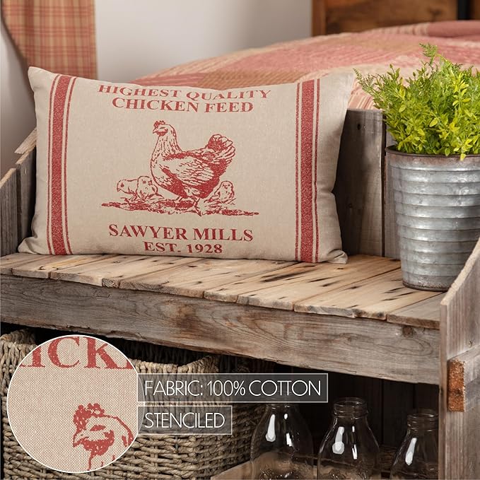 VHC Brands Sawyer Mill Red Hen & Chicks Pillow Farmhouse Throw Pillow Accent for Couch Sofa Bed 14x22