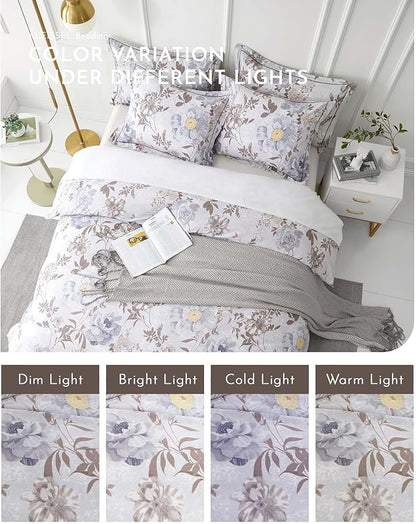 Luxurious Cotton 3pcs Floral Comforter Sets King Size - Light Gray Comfoter with Bluish Gray & Taupe Floral and Botanical Prints, Vintage Lightweight Bedding Sets(King 104"×90")