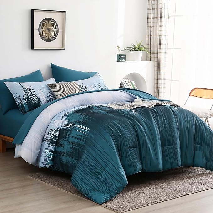 WONGS BEDDING Comforter Set King, Teal Blue 7 Pieces Bed in a Bag Colorful Abstract Art Gradient Comforter Soft Microfiber Bedding Set with Comforter,Flat Sheet,Fitted Sheet,Pillow Shams,Pillowcases