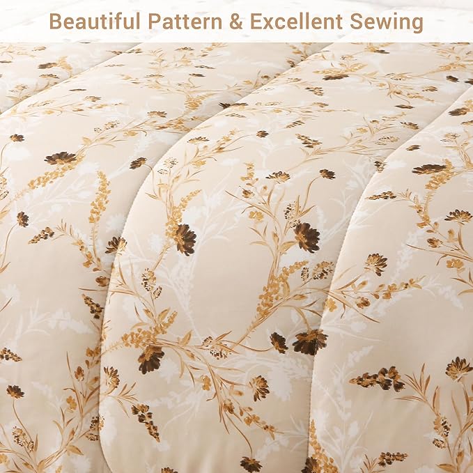 Floral Queen Comforter Set with Sheets, 7 Piece Luxury Vintage Bedding, Soft Microfiber Bed in a Bag, Cozy Lightweight Bed Set, Beige Flower Botanical