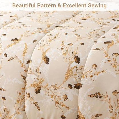 Floral Queen Comforter Set with Sheets, 7 Piece Luxury Vintage Bedding, Soft Microfiber Bed in a Bag, Cozy Lightweight Bed Set, Beige Flower Botanical