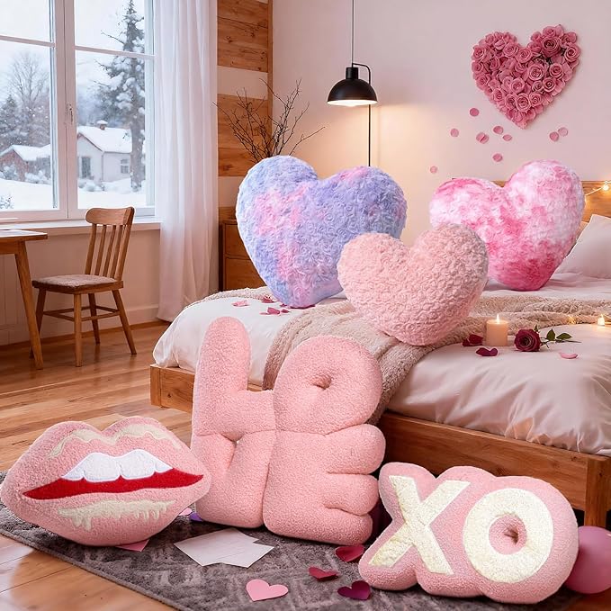 Lanpn Valentines Day Heart Pillows 2Pcs, Love Heart Shaped Pillow Soft Plush Throw Pillow Plush Heart Decorative Cushion for Couch Bed Sofa Valentine's Day Decor (Pink, 16.5x12in/14x10.5in)