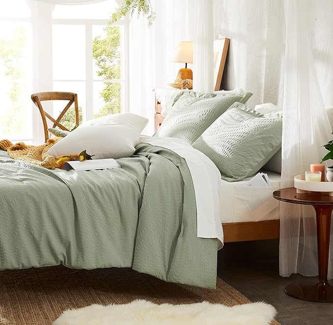 Geniospin Full Size Comforter Set - 7 Pieces Textured Sage Green Bedding Sets, Boho Shabby Chic Comforter Set, All Season Comfortable Bed in a Bag with Comforter, Sheets, Pillowcases & Shams