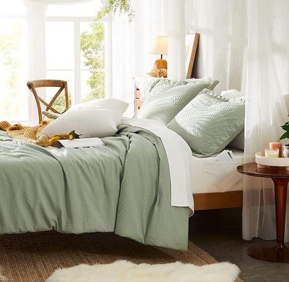 Geniospin Full Size Comforter Set - 7 Pieces Textured Sage Green Bedding Sets, Boho Shabby Chic Comforter Set, All Season Comfortable Bed in a Bag with Comforter, Sheets, Pillowcases & Shams
