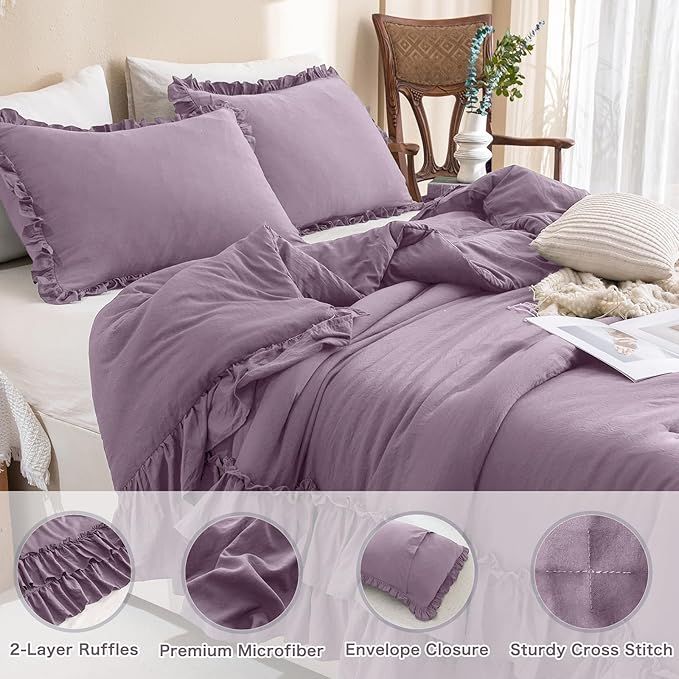Masaca Ruffle Comforter Queen Size,Farmhouse Shabby Boho Chic Bedding Comforter Set,3pcs Ultra Soft Fluffy Grayish Purple Comforter Sets for Queen Bed with 2 Ruffled Pillowcases