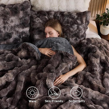 Lotus Karen Faux Fur Full Comforter Set – Tie-Dye Dark Gray Fluffy Comforter Full Size, Big Bubble Faux Rabbit Fur Bedding Comforter Sets, Cozy Fuzzy Bed Set 3 Pieces, 1 Comforter and 2 Pillowcases