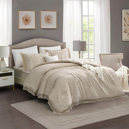 Boho Queen Comforter Set Beige 3 Pieces Tufted Tassel Comforter Set Queen Size Lightweight Queen Size Comforter Sets Farmhouse Shabby Chic Fluffy Beige Comforter Queen Bed Set Gift Choice