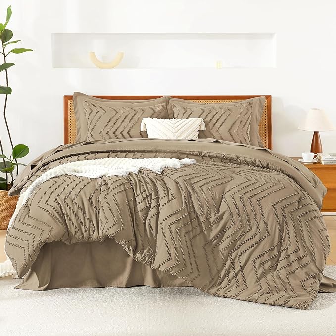 Litanika Taupe Queen Size Comforter Set with Sheets - 7 Pieces Bed in a Bag Queen Boho Tufted Complete Bedding Sets with Comforter, Sheets, Pillowcases & Shams