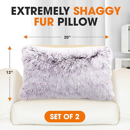 Cheer Collection Throw Pillows for Couch and Bed, Soft Shaggy Throw Pillows with Inserts Included, Cozy Long Hair Faux Fur Pillows - Set of 2-12" x 20" - Purple