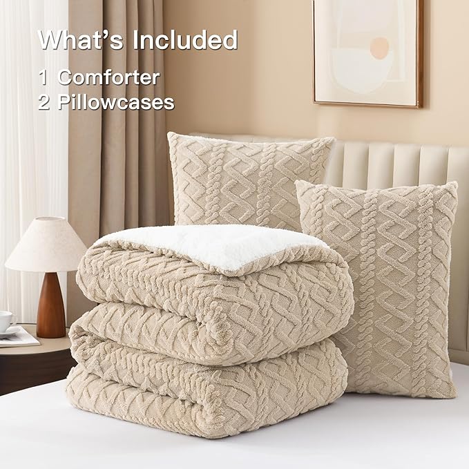 Andency Fluffy Sherpa King Comforter Set, Super Soft Beige Fleece Warm Bedding for Winter, Luxury Jacquard Boho Thick Fuzzy Plush Bed Set 3 Pieces(1 Shaggy Comforter, 2 Pillowcases)