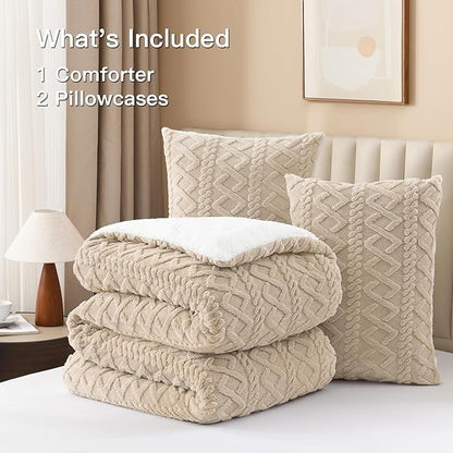 Andency Fluffy Sherpa King Comforter Set, Super Soft Beige Fleece Warm Bedding for Winter, Luxury Jacquard Boho Thick Fuzzy Plush Bed Set 3 Pieces(1 Shaggy Comforter, 2 Pillowcases)