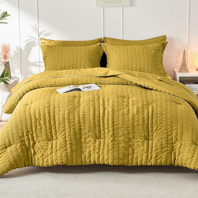 HYMOKEGE Mustard Yellow Full Size Comforter Sets Seersucker 7 Pieces, All Season Luxury Bed in a Bag for Bedroom, Bedding Set with Comforter, Sheets, Pillowcases & Shams