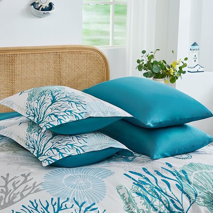 WONGS BEDDING Coastal Comforter Set King, Beach Themed Comforter,7 Pieces Ocean Nautical Seaweed & Starfish Bed in a Bag (104"×90")