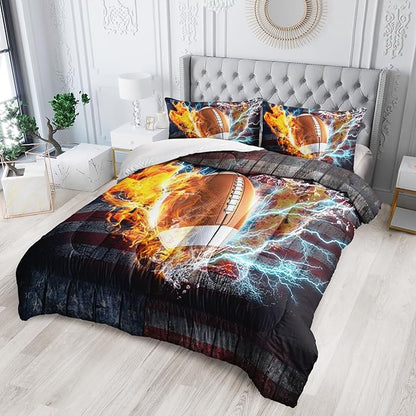 Football Comforter Sets Full Size, Bedding Sets for Kids,US Flag and Fire Football Comforter Sets All Season 1 Comforter and 2 Pillowcases