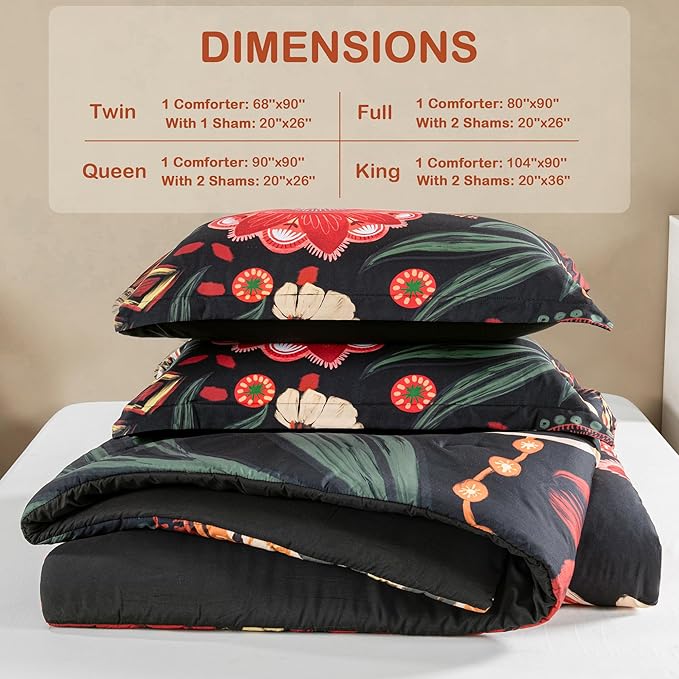 Black Red Boho Floral Queen Comforter Set - 3 Piece Farmhouse Botanical Bedding Comforter Sets for All Season Soft Lightweight Mid Century Bed Set, (1 Reversible Comforter and 2 Pillow Shams