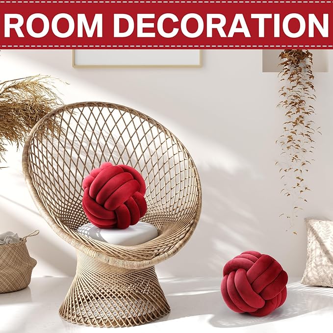 Namalu 2 Pcs Soft Knot Pillow Ball, Decorative Round Throw Knotted Pillows Cushion, Handmade Stuffed Ball Pillows for Winter Bedroom Sofa Couch Home Decor(7.87 Inches,Wine Red)
