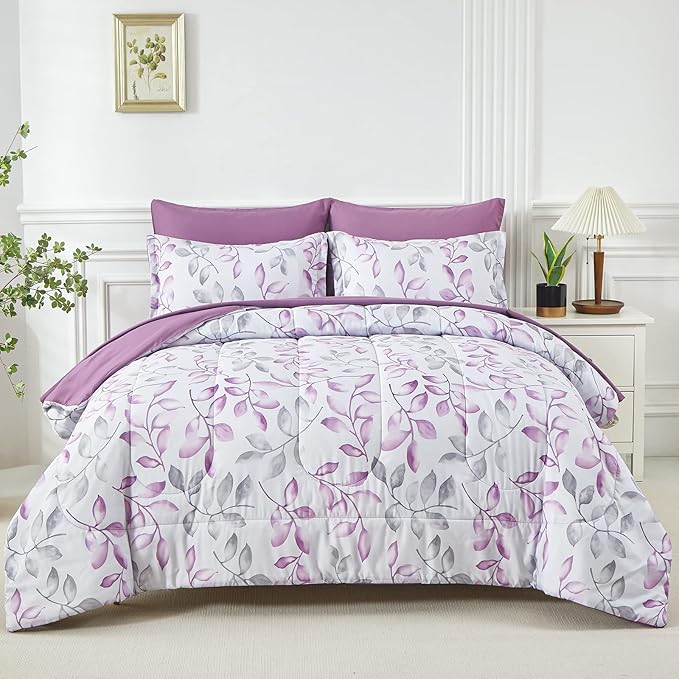 Yogeneg Botanical King Szie Comforter Set 7 PCS Bed in a Bag,Purple Grey Leaves Printed on White Reversible Design,Soft Microfiber Bedding Complete Set for All Season(Purple,King)