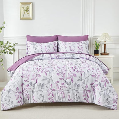 Yogeneg Botanical King Szie Comforter Set 7 PCS Bed in a Bag,Purple Grey Leaves Printed on White Reversible Design,Soft Microfiber Bedding Complete Set for All Season(Purple,King)