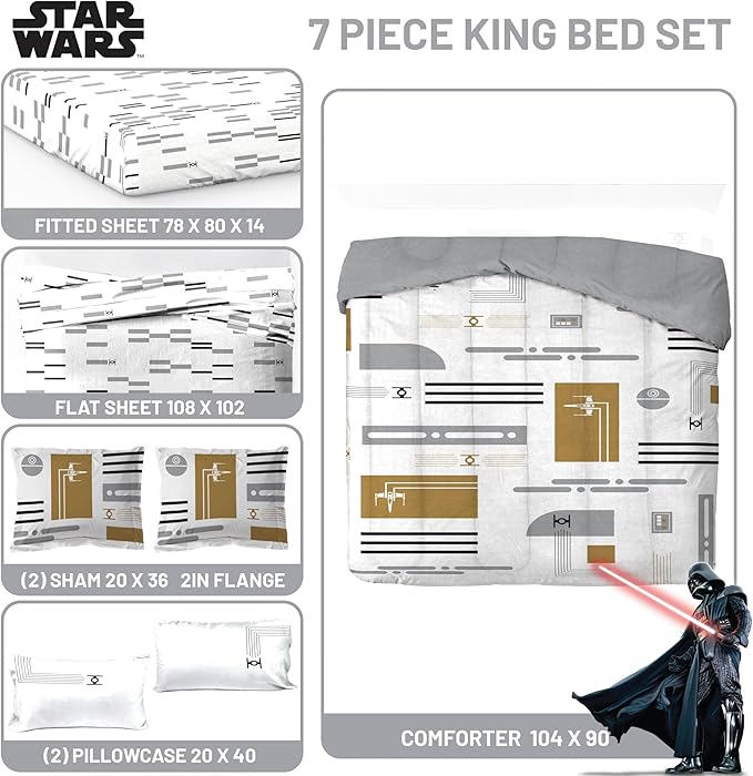 Jay Franco Comforter Set Includes Sheets and Pillow Covers - Soft and Cozy Bed Set for Stylish Room Decor, White - Star Wars, 7 Piece King Bedding