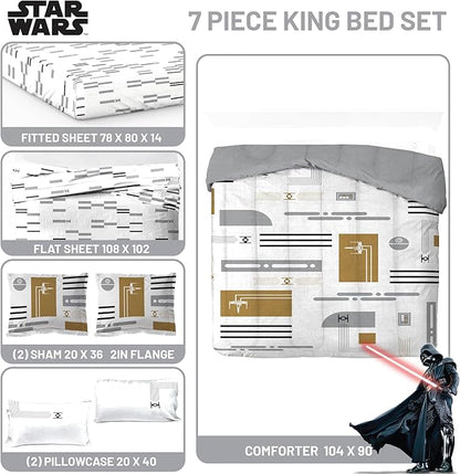 Jay Franco Comforter Set Includes Sheets and Pillow Covers - Soft and Cozy Bed Set for Stylish Room Decor, White - Star Wars, 7 Piece King Bedding