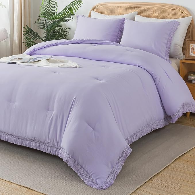 Andency Queen Comforter Set Lavender, Purple 3 Pieces Boho Tassel Lightweight Bedding Comforter Sets, Winter Soft Fluffy Fringe Bed Set (90x90In Comforter & 2 Pillowcases)