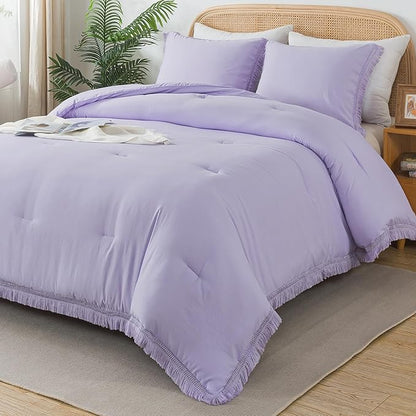 Andency Queen Comforter Set Lavender, Purple 3 Pieces Boho Tassel Lightweight Bedding Comforter Sets, Winter Soft Fluffy Fringe Bed Set (90x90In Comforter & 2 Pillowcases)