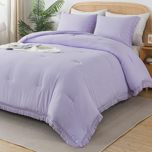 Andency Queen Comforter Set Lavender, Purple 3 Pieces Boho Tassel Lightweight Bedding Comforter Sets, Winter Soft Fluffy Fringe Bed Set (90x90In Comforter & 2 Pillowcases)