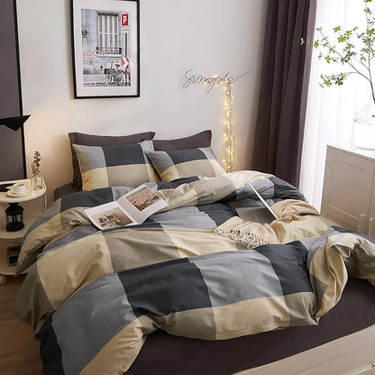 VM VOUGEMARKET Full Comforter Set,3 Pieces Black Gray Plaid Bedding Comforter with 2 Pillowcases Modern Simple Checkered Comforter Set for Teens Boys Men-80x90 Inch
