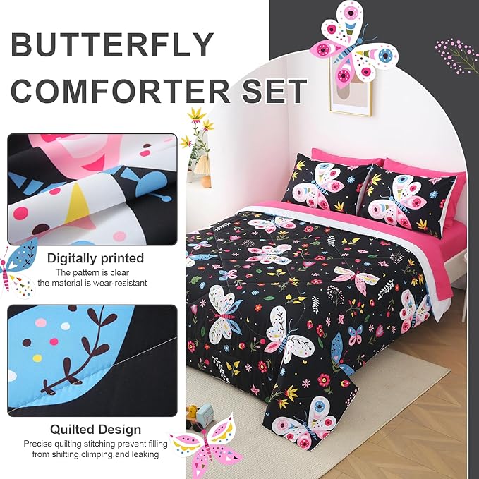 Girls Butterfly Comforter Set Twin Size Black 7 Piece Bed in A Bag Colorful Flowers Leaves Bedding Set for Kids Teens Super Soft All Season