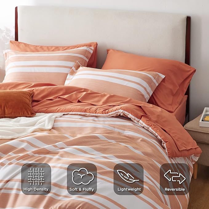 Bedsure King Comforter Set 7 Pieces, Burnt Orange Striped Bedding Set for All Seasons, Reversible, Cationic Dyeing Bed in a Bag with Comforter, Sheets, Pillowcases & Shams