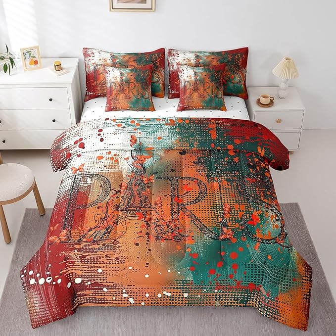 Erosebridal Romantic Paris Bed in a Bag 7 Pieces Valentine's Day Eiffel Tower Bedding Comforter Sets, Red Turqoise Graffiti Twin Bedding Set Hippie Tie Dye Comforter Set with Flat Sheet Fitted Sheet