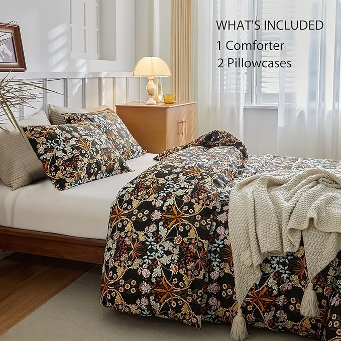 mixinni Vintage Floral Comforter Set Twin XL, All Seasons Bohemian Bedding Set, 3 Pieces Farmhouse Boho Shabby Chic Vibrant Colors Flowers Plants Comforter Set Perfect for Women and Men-Twin XL Size