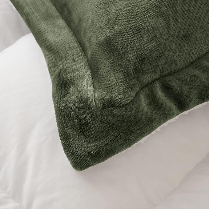 Seward Park Olive Green Sherpa Comforter Set Full Queen Size, All Season Soft Warm Fleece Fall Blanket, Winter Bedding Sets with 2 Pillow Shams