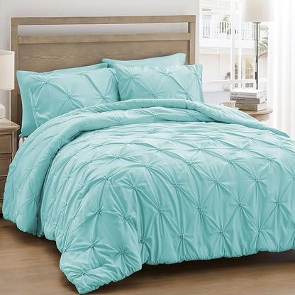 UNIKOME King Size Comforter Set Aqua Blue - Ultra Soft Boho Pintuck Down Alternative Bedding Set for All Seasons, 3 Pieces Lightweight Warm Pinch Pleat Bed Set with Comforter, 2 Pillowcases