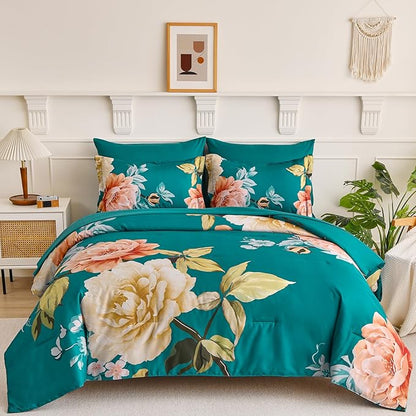 Drucon Floral Comforter Set Queen Size 7 Pieces Bed in a Bag, Teal Blue Floral Bedding Set, Soft Microfiber Comforter and Sheet Set for All Season (Queen, 90"x90")