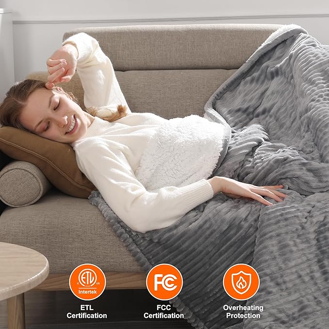 Electric Blanket Full Heated Blanket Full Size - Striped Flannel & Thick Sherpa, 5 Heat Settings & 10 Hour Auto Off with FCC/ETL Certified, Overheat Protection & Machine Washable, Light Grey 72"x84"