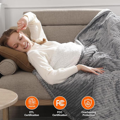 Electric Blanket Full Heated Blanket Full Size - Striped Flannel & Thick Sherpa, 5 Heat Settings & 10 Hour Auto Off with FCC/ETL Certified, Overheat Protection & Machine Washable, Light Grey 72"x84"