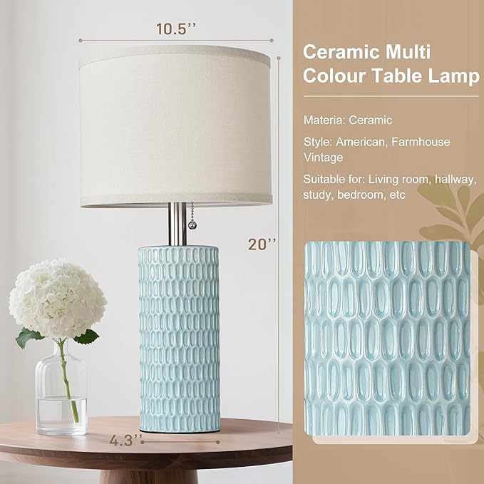 20.5" Modern Ceramic Table Lamps for Bedroom Set of 2, Bedside Lamps for Night Stands with Beige Lampshade, Farmhouse Table Lamp for Living Room Office Dorm, Sky Blue