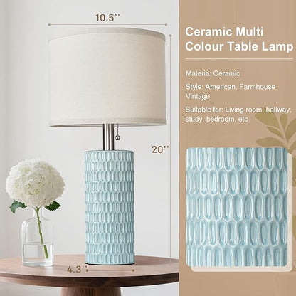 20.5" Modern Ceramic Table Lamps for Bedroom Set of 2, Bedside Lamps for Night Stands with Beige Lampshade, Farmhouse Table Lamp for Living Room Office Dorm, Sky Blue