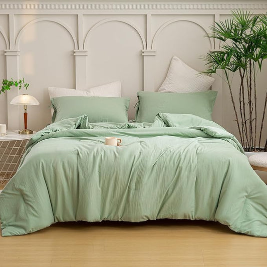 Ultra-Soft Queen Size Comforter Sets - Comfy Cozy Washed Polycotton - 3 Piece Comfort Fluffy Bed Blanket Down Alternative Comforter & Pillowcase - Lightweight but Warm All Season, Sage Green