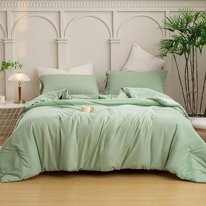 Sage Green Full Size Comforter Set, Super Soft Boho Plush Washed Polycotton Fabric, Cozy Comfy Down Alternative Bedding Blanket Comforter & Pillowcase Lightweight but Warm for All Season Use
