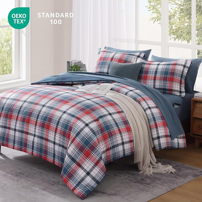 MaiRêve Queen Size Plaid Comforter Set Navy Red, Classic 7 Pieces Farmhouse Bedding Set, All Season Lightweight Bed in A Bag with Sheets, Pillowcases & Shams