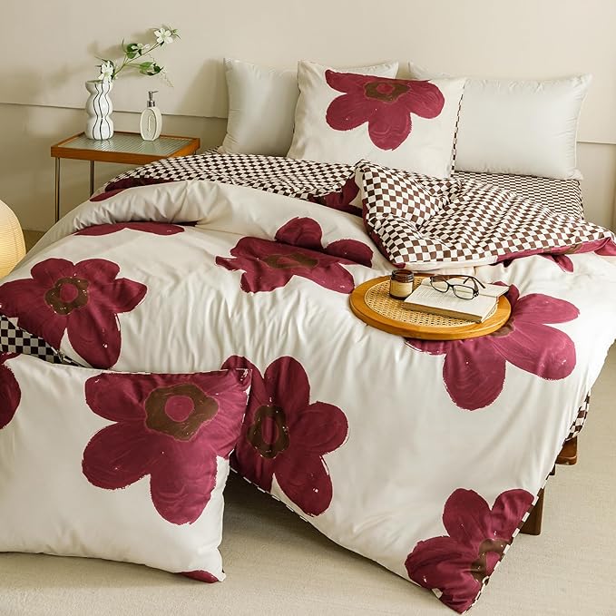 Cottonight Burgundy Sunflower Comforter Set - Wine Red King Size for Women and Girls - Dark Red Floral Bedding With Big Botanical Flowers - Cute Chic Soft Breathable Blanket Quilt