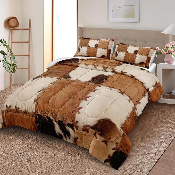 MOVE OVER Brown Cowhide Comforter Set Western Style Patchwork Cow Printed Bedding Set 4 Pieces Soft Microfiber Western Ranch Style Cowboy Chic Comforter Sets for Bedroom Decor