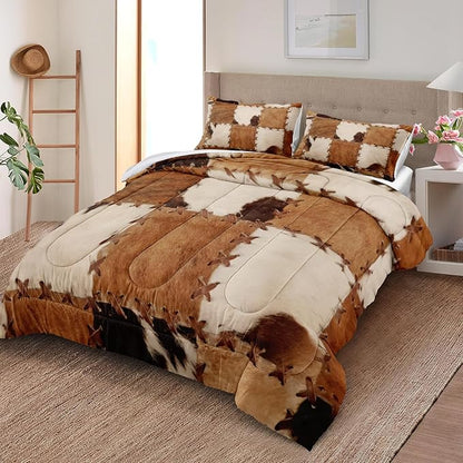 MOVE OVER Brown Cowhide Comforter Set Western Style Patchwork Cow Printed Bedding Set 4 Pieces Soft Microfiber Western Ranch Style Cowboy Chic Comforter Sets for Bedroom Decor
