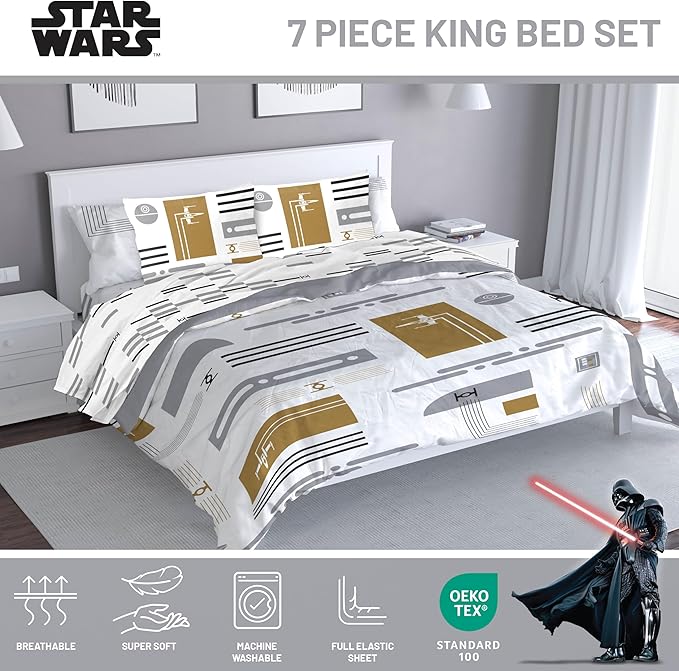 Jay Franco Comforter Set Includes Sheets and Pillow Covers - Soft and Cozy Bed Set for Stylish Room Decor, White - Star Wars, 7 Piece King Bedding