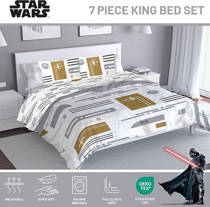 Jay Franco Comforter Set Includes Sheets and Pillow Covers - Soft and Cozy Bed Set for Stylish Room Decor, White - Star Wars, 7 Piece King Bedding