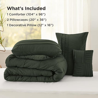 Bedsure California King Comforter Set - 4 Pieces Pinch Pleat Bed Set, Olive Green Boho Bedding for All Season, 1 Soft Comforter, 2 Pillowcases, 1 Decorative Pillow