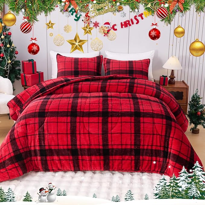 YIYEA Christmas Fluffy Queen Size Comforter Set, Luxury Faux Fur Comforter, Ultra Soft Plush Fuzzy Velvet Bedding Comforter Sets for Fall Winter, Cozy Warmth, No Shedding, 3PC, Queen